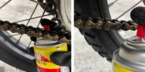 CT125ハンターカブのチェーンオイル差し：左右にも吹きかける