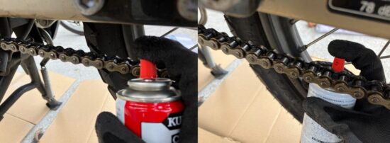 CT125ハンターカブのチェーン側面にチェーンルブを塗布